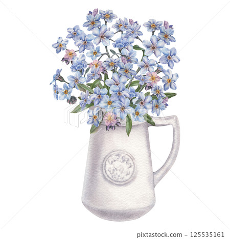 Ceramic white decanter with handle and forget-me-nots flowers. Hand drawn watercolor Illustration of clay pot for bouquet on isolated background. Elegance flowerpot for plants. For invitations, cards. Ceramic white decanter with handle and forget-me-nots flowers. Hand drawn watercolor Illustration of clay pot for bouquet on isolated background. Elegance flowerpot for plants. For invitations, cards. 125535161