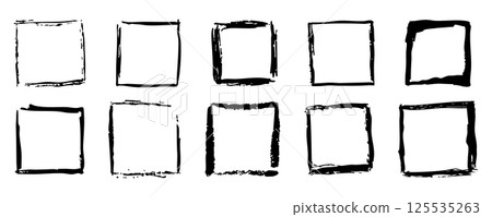 Grunge ink rectangle and square paint border with rough edges. Text box, sketch dirty line, splash. Scribble frame cadre textured  125535263