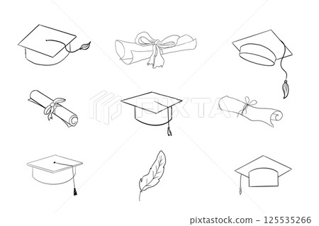 Graduation hat doodle line. University Cap of graduate and certificate degree hand drawn outline. Graduation hats sketch  125535266