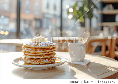 Golden pancakes with butter and maple syrup glisten atop a stack, served on a warm breakfast table 125535379