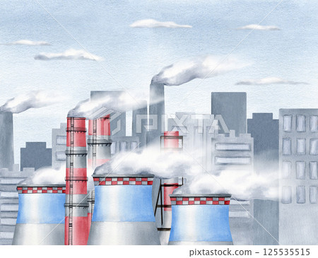 Smoke stack with steam industrial city factories composition isolated watercolor illustration. Environmental air pollution concept with plant pipes, sky, skyscrapers behind for climate change designs 125535515