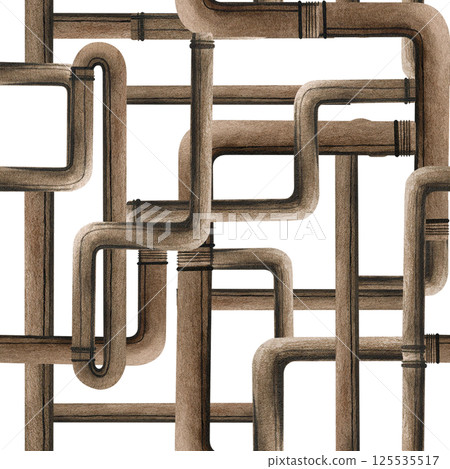 Copper pipes plumbing pipeline with connectors seamless pattern isolated from background. Watercolor illustration pipe section or water supply. Metal tubes for plumbing and drainage web design 125535517