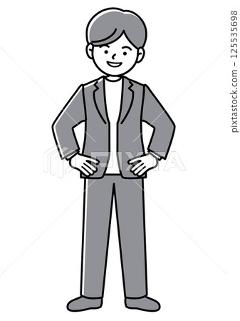Front-facing vector illustration of a businessman with his hands on his hips and looking at you with a smile Front-facing vector illustration of a businessman with his hands on his hips and looking at you with a smile 125535698