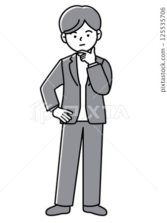 Front-facing vector illustration of a businessman thinking with his hand on his chin 125535706
