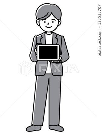 正面向量插圖:一位商人手持平板電腦並顯示螢幕 正面向量插圖:一位商人手持平板電腦並顯示螢幕 125535707