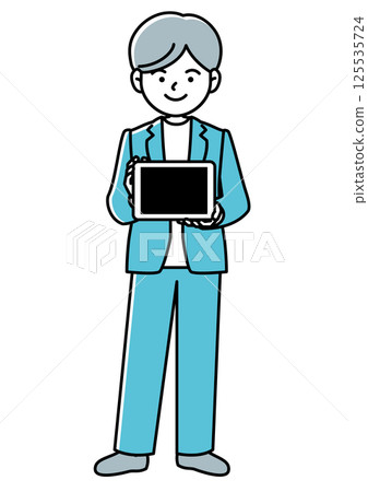 Front-facing vector illustration of a businessman holding a tablet device and showing the screen 125535724