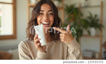 A young woman in a beige sweatshirt holds a white skincare tube and points at it, standing in a bright, cozy home interior with green plants and wooden shelves, promoting beauty or self-care. 125535731