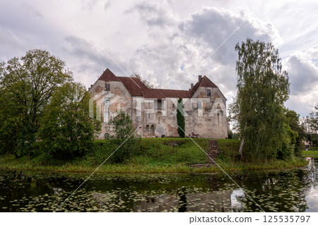 Jaunpils castle was built in 1301. as Livonia Order fortress. Latvia, aerial drone view Jaunpils castle was built in 1301. as Livonia Order fortress. Latvia, aerial drone view 125535797