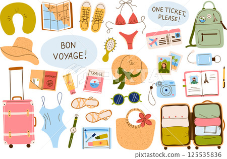 Flat cartoon collection of womens travel essentials for beach vacations and tropical resorts, stylish suitcases, road accessories, bon voyage vector illustrations, solo travel doodles set 125535836