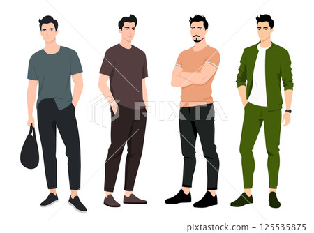 Trendy Men s Fashion Set. A modern collection of men in various stylish outfits, featuring casual, smart-casual, and business-casual looks. 125535875