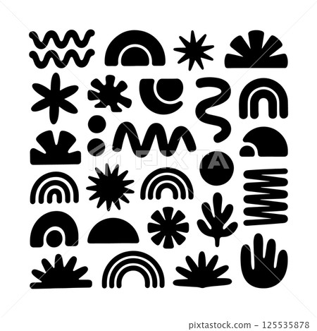 Geometric Botanical Abstraction. A black minimalist silhouette of abstract botanical and geometric elements such as plants, hills, waves, and rainbows. Geometric Botanical Abstraction. A black minimalist silhouette of abstract botanical and geometric elements such as plants, hills, waves, and rainbows. 125535878