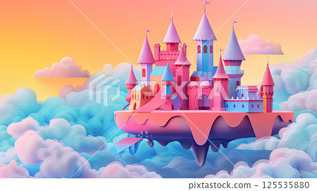 Paper cut fairy castle on floating island surrounded by fluffy clouds. Fairytale pastel sky and multi-layered depth 125535880