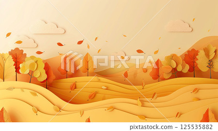 Autumn landscape with falling leaves in paper cut style. Background for seasonal design 125535882