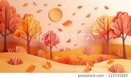 Autumn landscape with falling leaves in paper cut style. Background for seasonal design Autumn landscape with falling leaves in paper cut style. Background for seasonal design 125535885