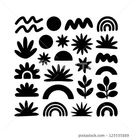 Geometric Botanical Abstraction. A black minimalist silhouette of abstract botanical and geometric elements such as plants, hills, waves, and rainbows. Geometric Botanical Abstraction. A black minimalist silhouette of abstract botanical and geometric elements such as plants, hills, waves, and rainbows. 125535889