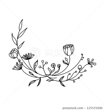 A romantic floral wreath featuring delicate hand-drawn flowers and curved branches forming a graceful circular frame. A romantic floral wreath featuring delicate hand-drawn flowers and curved branches forming a graceful circular frame. 125535890
