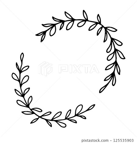 A delicate romantic floral wreath with tiny buds and flowers carefully arranged in a circle shape. A delicate romantic floral wreath with tiny buds and flowers carefully arranged in a circle shape. 125535903