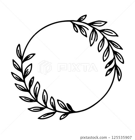 A romantic floral wreath featuring delicate hand-drawn flowers and curved branches forming a graceful circular frame. 125535907