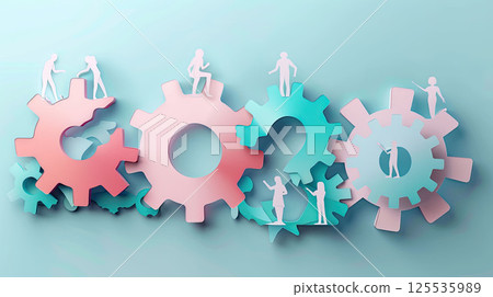 Teamwork and cooperation concept in paper cut style. Different business people working together 125535989