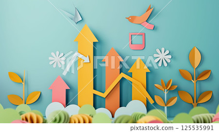Creative paper cut infographic with financial growth, arrows and bar charts. 3d layers style Creative paper cut infographic with financial growth, arrows and bar charts. 3d layers style 125535991
