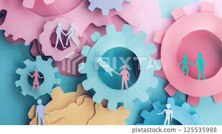 Teamwork and cooperation concept in paper cut style. Different business people working together 125535998