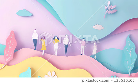 Teamwork and cooperation concept in paper cut style. Different business people working together 125536105