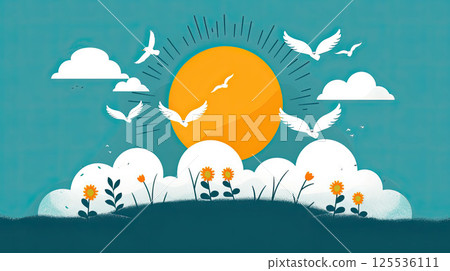 Minimalistic flat illustration of a sunny day, blue sky, Minimalistic flat illustration of a sunny day, blue sky, 125536111