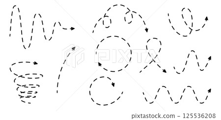 Set of zig zag, circle turn and spiral dash arrows Set of zig zag, circle turn and spiral dash arrows 125536208