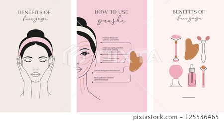 Face massage, Gua sha massage, self care, skincare illustrations. Minimalist clean design Face massage, Gua sha massage, self care, skincare illustrations. Minimalist clean design 125536465