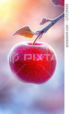 Glowing red apple resting on a frosted branch under bright daylight 125536484