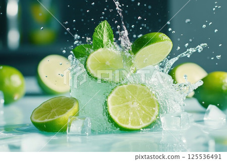 Fresh lime and mint splash with ice cubes creates a refreshing burst of flavor 125536491