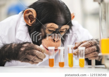 Chimpanzee in lab coat studies test tubes in a laboratory setting 125536540
