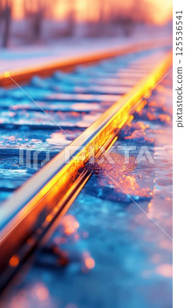 Photorealistic railway track with polished steel and glowing ice under natural light 125536541