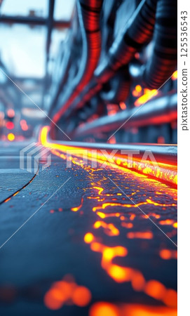 Futuristic road with metal and glowing lava flow under a cloudy sky 125536543