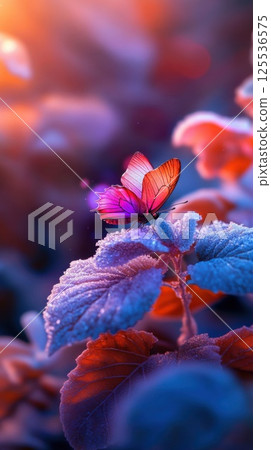 Glowing neon butterfly rests on frosted flower with vibrant colors and soft natural light 125536575