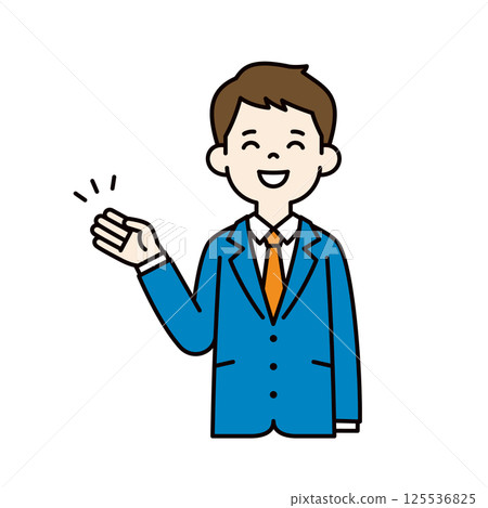 Vector illustration of a young man in a suit giving directions with a smile_Line width editable_Color Vector illustration of a young man in a suit giving directions with a smile_Line width editable_Color 125536825
