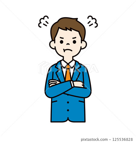 Vector illustration of a young man in a suit getting angry with his arms crossed_Line width editable_Color 125536828