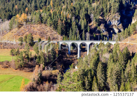View of Landwasser Viaduct, Rhaetian railway, Graubunden in Switzerland View of Landwasser Viaduct, Rhaetian railway, Graubunden in Switzerland 125537137