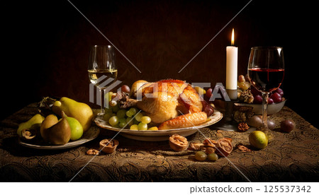 baroque style still life with roasted chicken, wine glasses, grapes, pears, walnuts, and lit candle on richly textured tablecloth, evoking sense of warmth and abundance 125537342