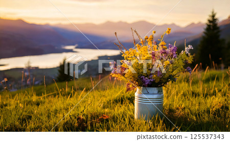 bouquet of purple and yellow flowers in tin vase rests on grassy field, illuminated by warm glow of sunset. serene landscape includes distant mountains and river 125537343