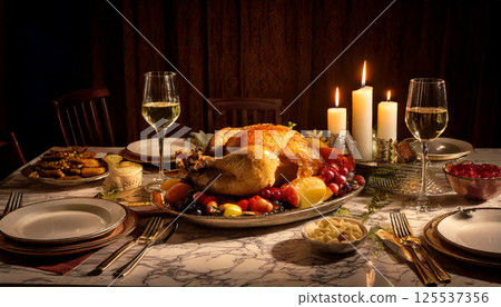 cozy candlelit dinner setup features golden roasted turkey surrounded by fresh fruits and nuts, creating warm and inviting atmosphere 125537356