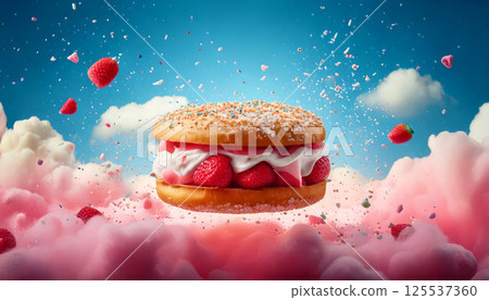 dreamy floating strawberry cream dessert sandwich hovers in surreal candyland sky, surrounded by fluffy pink clouds and scattered berries, creating whimsical scene dreamy floating strawberry cream dessert sandwich hovers in surreal candyland sky, surrounded by fluffy pink clouds and scattered berries, creating whimsical scene 125537360