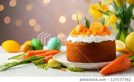 festive Easter scene features freshly baked carrot cake topped with cream and garnished with carrots and citrus, surrounded by colorful eggs and spring flowers 125537362