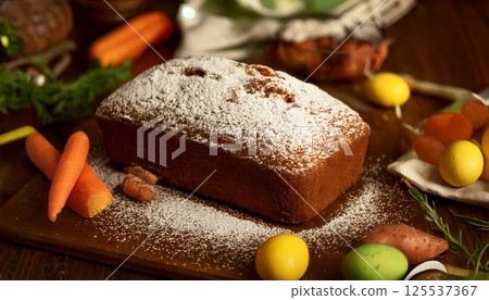 homemade carrot cake loaf with golden crust, lightly dusted with powdered sugar, surrounded by fresh carrots and colorful Easter eggs on wooden table homemade carrot cake loaf with golden crust, lightly dusted with powdered sugar, surrounded by fresh carrots and colorful Easter eggs on wooden table 125537367