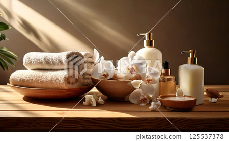 serene spa setting with neatly arranged skincare bottles, rolled towels, and delicate orchids on wooden table, creating calming atmosphere 125537378