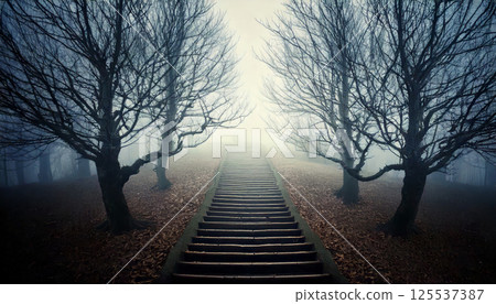 mysterious stairway leads into foggy dreamscape, surrounded by spiraling barren trees. eerie atmosphere evokes sense of wonder and intrigue 125537387