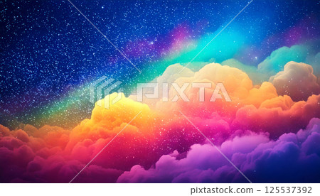 vibrant dreamscape filled with colorful cloud plumes and starry sky creates magical atmosphere. floating glittering particles add touch of wonder to scene vibrant dreamscape filled with colorful cloud plumes and starry sky creates magical atmosphere. floating glittering particles add touch of wonder to scene 125537392