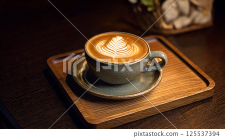 beautifully crafted latte with intricate latte art sits in handmade ceramic cup on wooden tray, creating warm and inviting vintage style coffee scene 125537394