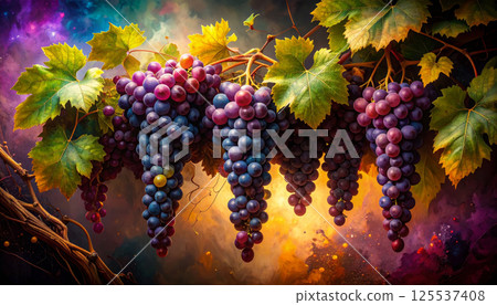 vibrant artistic interpretation of grapes on vine, showcasing exaggerated colors and textures against abstract background, creating surreal and captivating scene vibrant artistic interpretation of grapes on vine, showcasing exaggerated colors and textures against abstract background, creating surreal and captivating scene 125537408