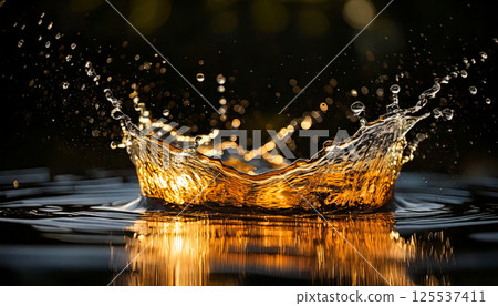 mesmerizing slow motion capture of water splash mid air, illuminated with golden highlights, creating stunning visual effect against dark background 125537411